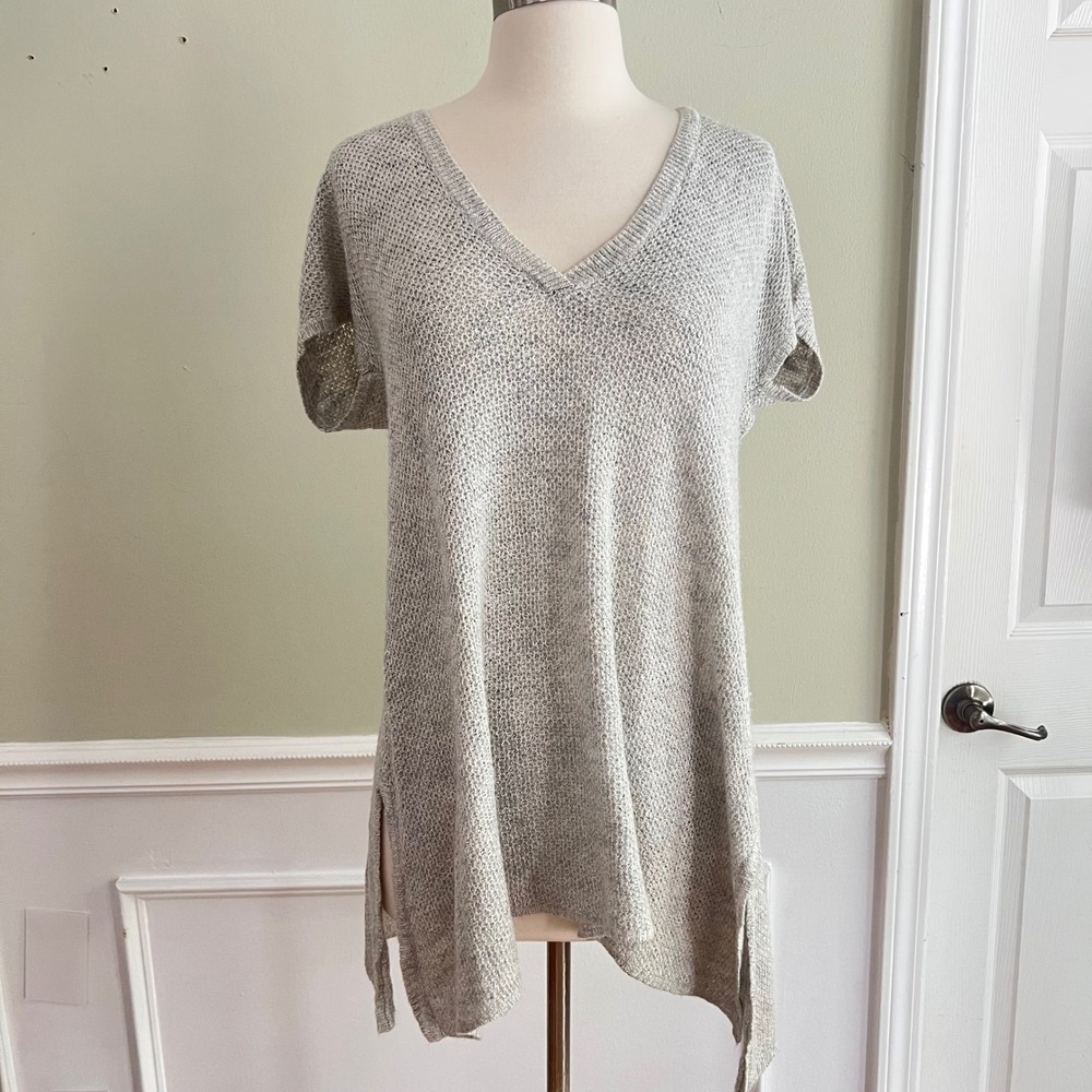 Eileen Fisher Tunic Sweater Womens M Linen Blend V-Neck Short Sleeve Gray Boho